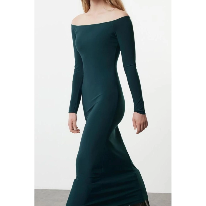 Women Fashion Stylish Maxi Length Carmen Collar Slim Plain Bodycone Fitted Flexible Knitted Dress