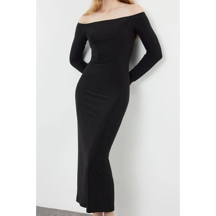 Women Fashion Stylish Maxi Length Carmen Collar Slim Plain Bodycone Fitted Flexible Knitted Dress