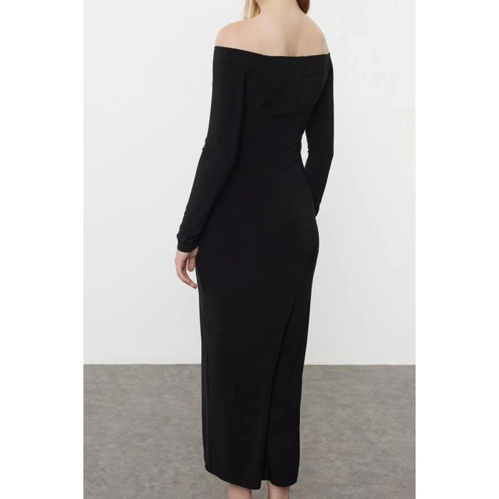 Women Fashion Stylish Maxi Length Carmen Collar Slim Plain Bodycone Fitted Flexible Knitted Dress
