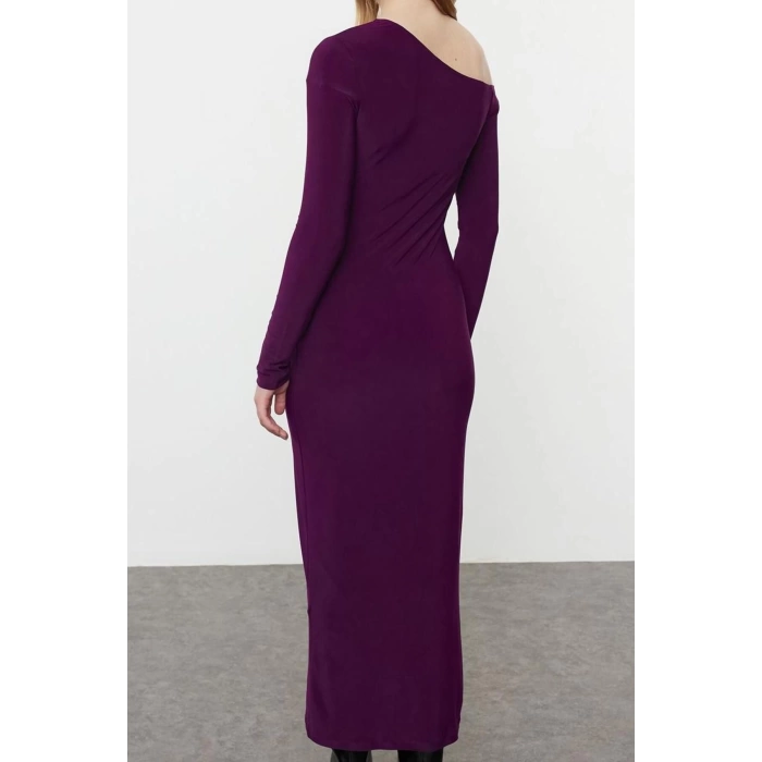 Kadın Moda Şık Maxi Boy Asimetrik Yaka Fitted Düz Detaylı Vücuda Oturan Esnek Örme Elbise