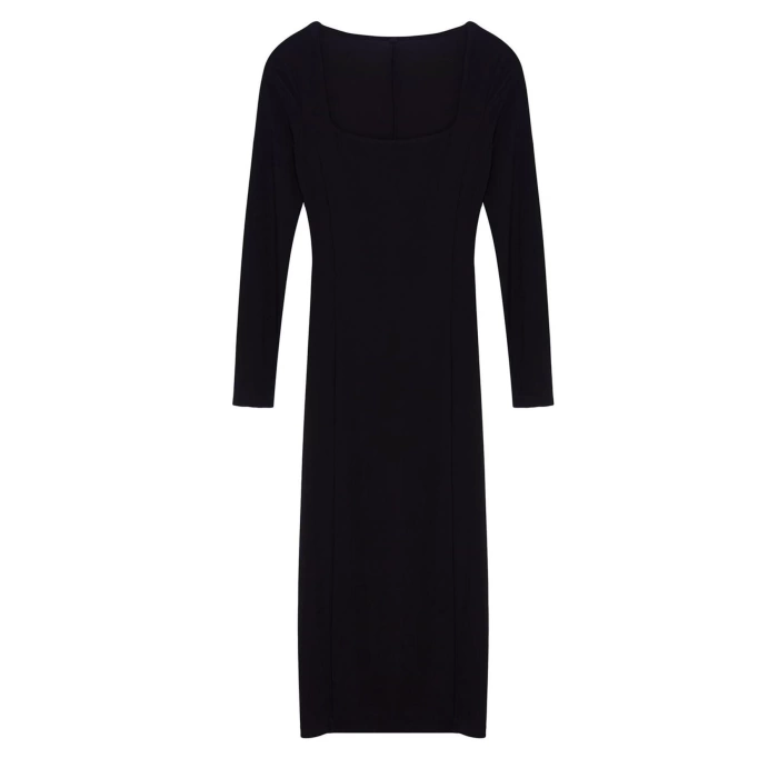 Women Fashion Stylish Midi Length Square Neck Fitted Plain Bodycone Stretchy Knitted Dress