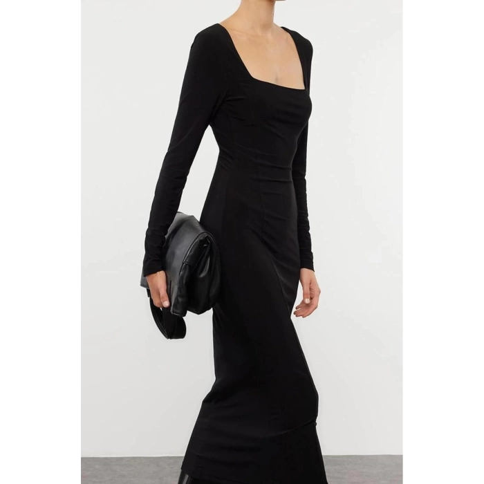 Women Fashion Stylish Midi Length Square Neck Fitted Plain Bodycone Stretchy Knitted Dress