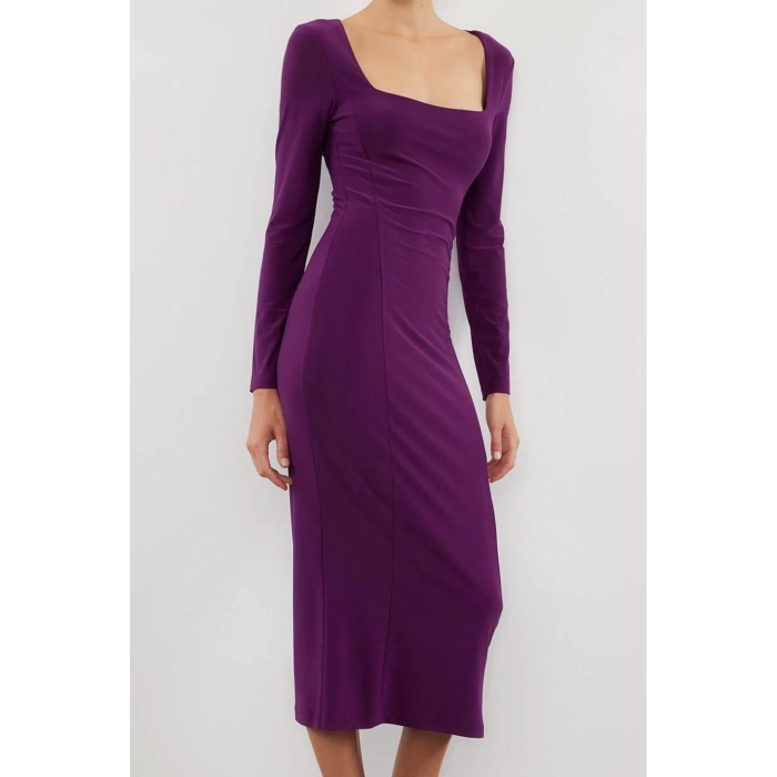Women Fashion Stylish Midi Length Square Neck Fitted Plain Bodycone Stretchy Knitted Dress