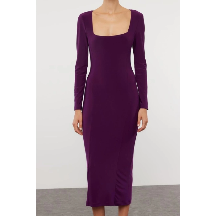 Women Fashion Stylish Midi Length Square Neck Fitted Plain Bodycone Stretchy Knitted Dress