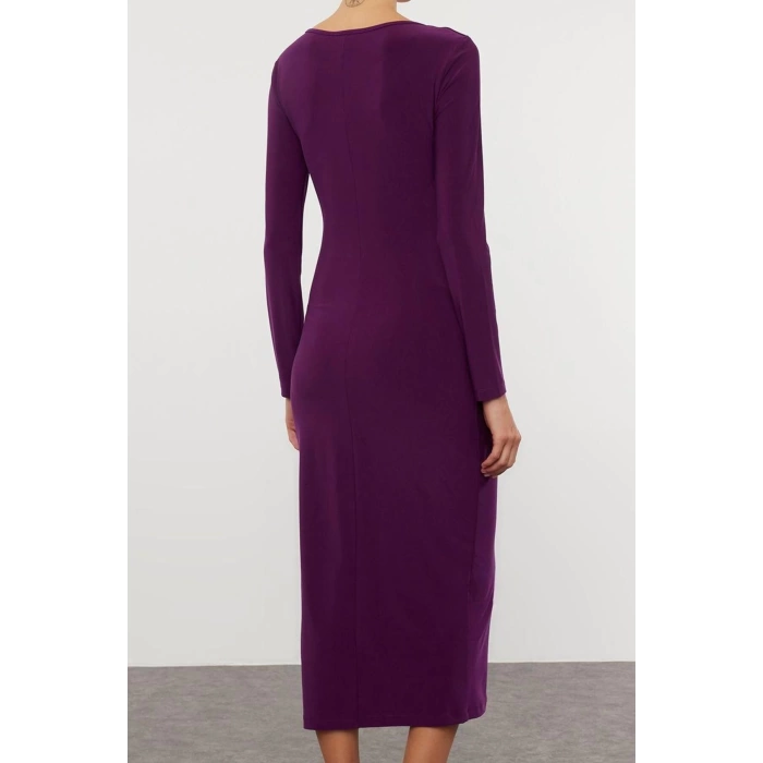 Women Fashion Stylish Midi Length Square Neck Fitted Plain Bodycone Stretchy Knitted Dress