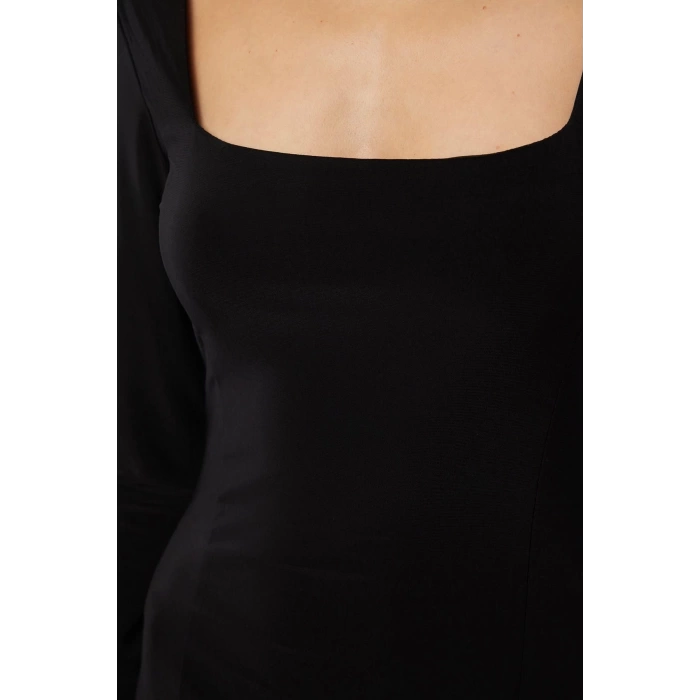 Women Fashion Stylish Midi Length Square Neck Fitted Plain Bodycone Stretchy Knitted Dress
