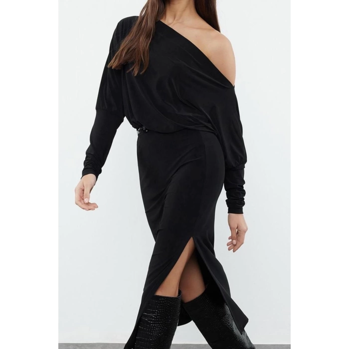 Kadın Moda Şık Midi Boy Asimetrik Yaka Slim Düz Asimetrik Tek Kol Belden Oturtmalı Esnek Örme Elbise