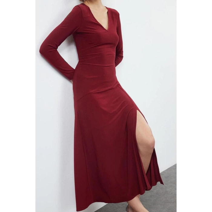 Kadın Moda Şık Maxi Boy V Yaka Fitted Düz Eteği Volanlı Skater Belden Açılan Esnek Örme Elbise