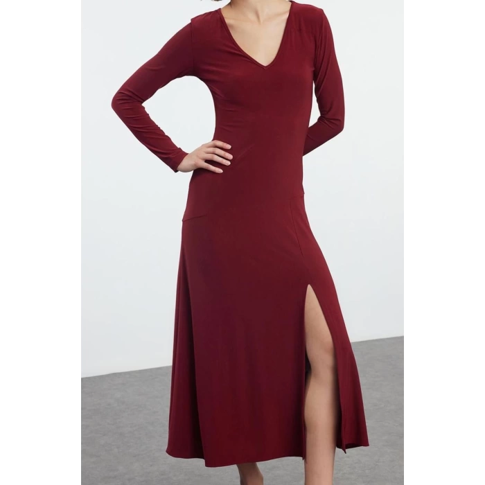 Kadın Moda Şık Maxi Boy V Yaka Fitted Düz Eteği Volanlı Skater Belden Açılan Esnek Örme Elbise