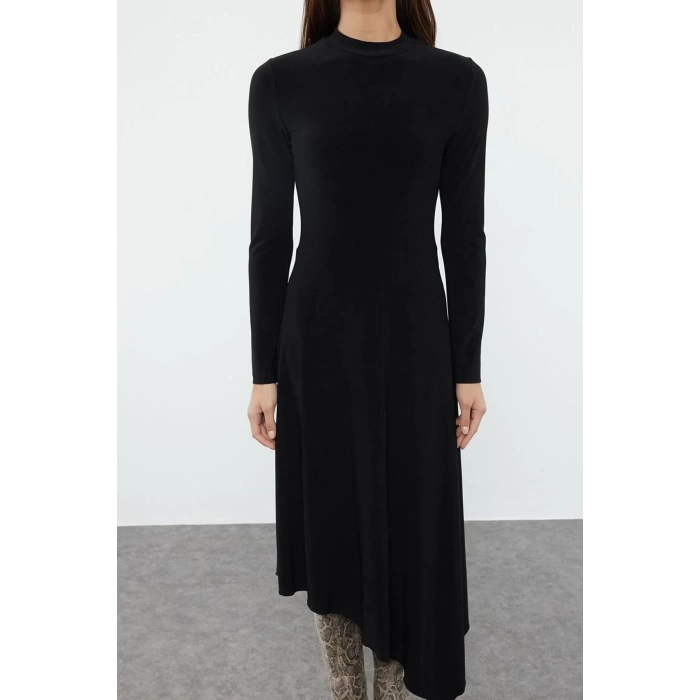 Kadın Moda Şık Maxi Boy Bisiklet Yaka Slim Düz Skater Belden Açılan Asimetrik Esnek Örme Elbise