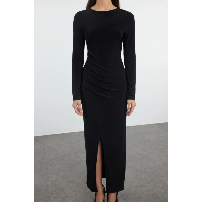 Women Fashion Stylish Maxi Length Crew Neck Slim Plain Fitted Draped Wrap Flexible Knitted Dress