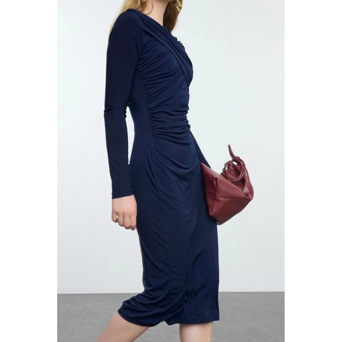 Womens Midi Length Double Breasted Slim Gathered Draped Detailed Fitted Long Sleeve Flexible Knitted Dress