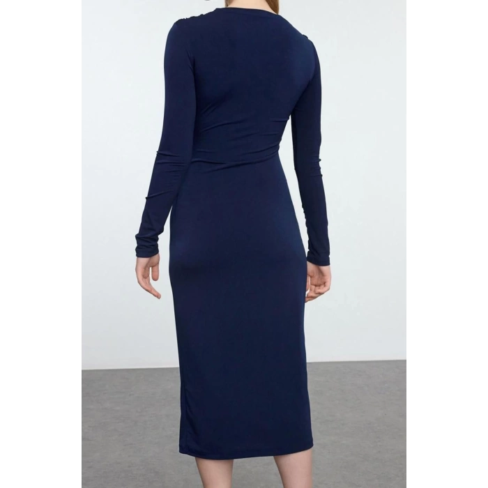 Womens Midi Length Double Breasted Slim Gathered Draped Detailed Fitted Long Sleeve Flexible Knitted Dress