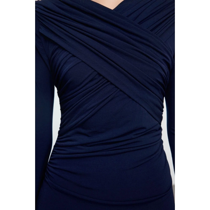 Womens Midi Length Double Breasted Slim Gathered Draped Detailed Fitted Long Sleeve Flexible Knitted Dress