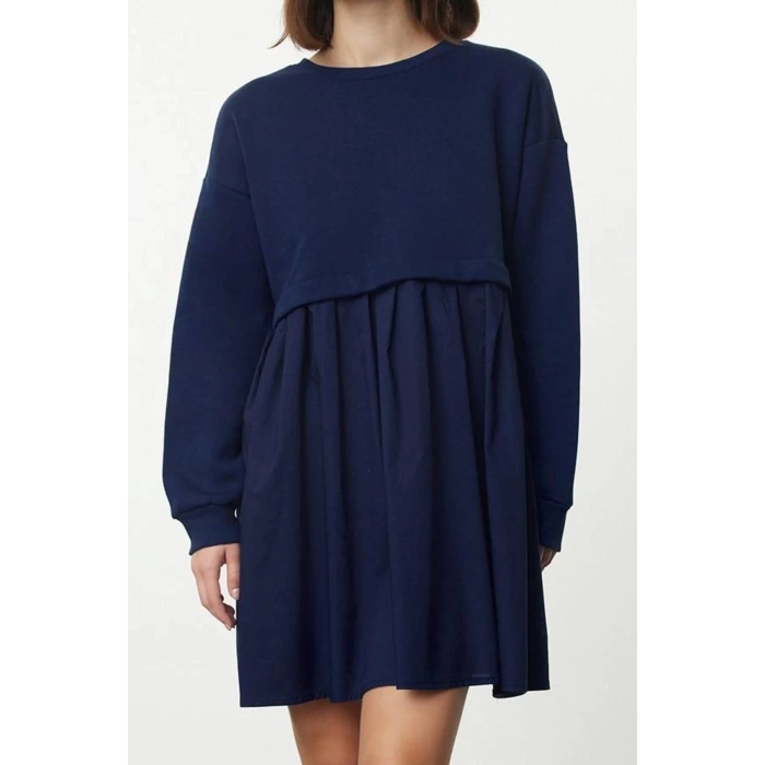 Womens Mini Length Crew Neck Relaxed Plain Woven Garni and Pleated Detailed A Cut Bell Shape Knitted Dress