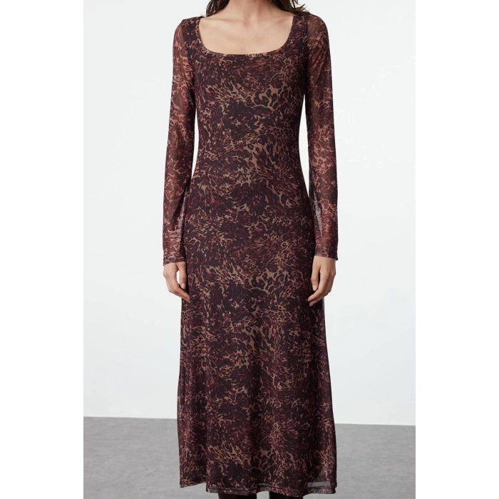 Women Fashion Stylish Maxi Length Square Neck Slim Animal Leopard Print Bodycone Fitted Knitted Dress