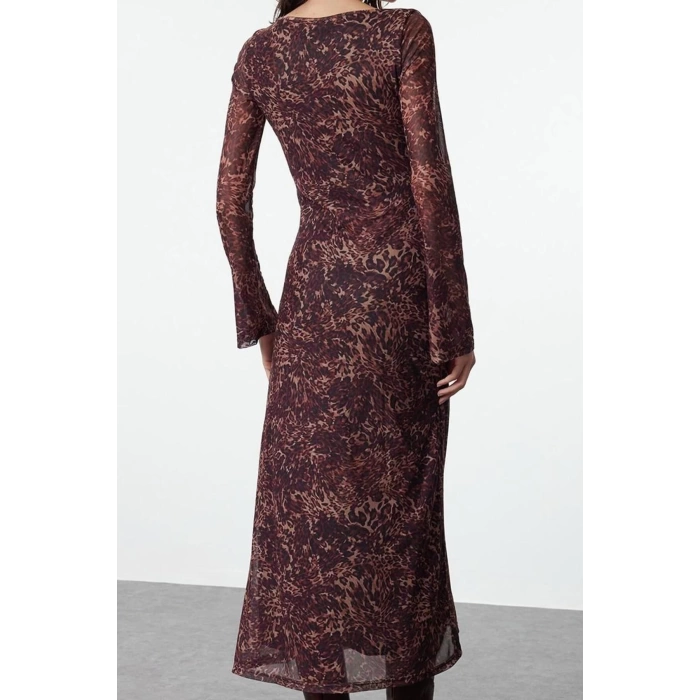 Women Fashion Stylish Maxi Length Square Neck Slim Animal Leopard Print Bodycone Fitted Knitted Dress