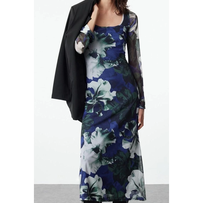 Women Fashion Stylish Maxi Length Square Neck Slim Animal Leopard Print Bodycone Fitted Knitted Dress