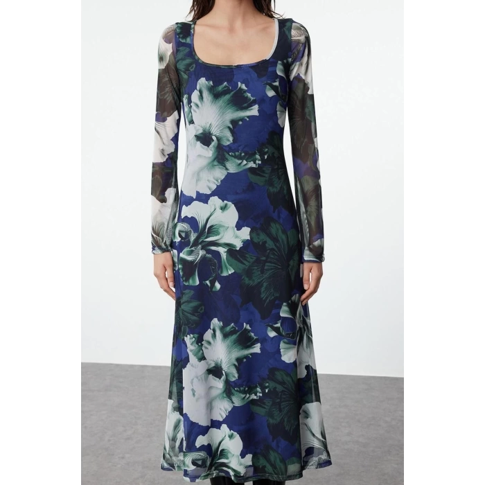 Women Fashion Stylish Maxi Length Square Neck Slim Animal Leopard Print Bodycone Fitted Knitted Dress