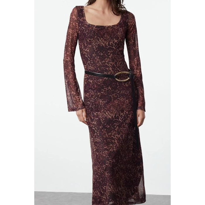Women Fashion Stylish Maxi Length Square Neck Slim Animal Leopard Print Bodycone Fitted Knitted Dress