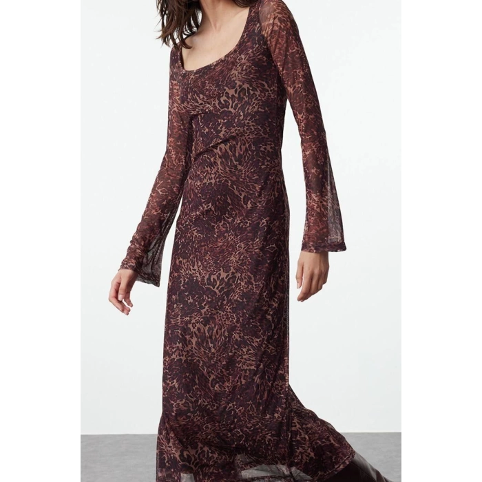 Women Fashion Stylish Maxi Length Square Neck Slim Animal Leopard Print Bodycone Fitted Knitted Dress