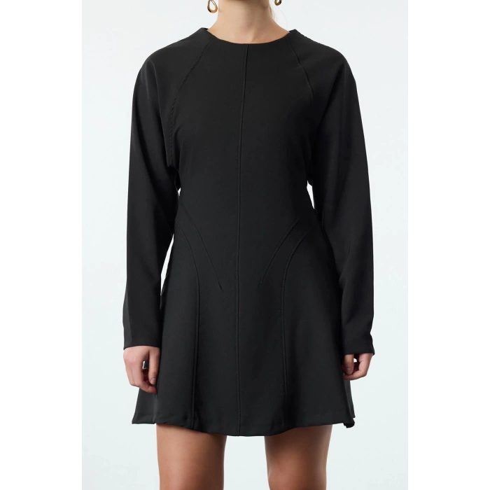 Womens Fashion Stylish Mini Length Crew Neck Regular A Cut Stitch Detailed Woven Dress