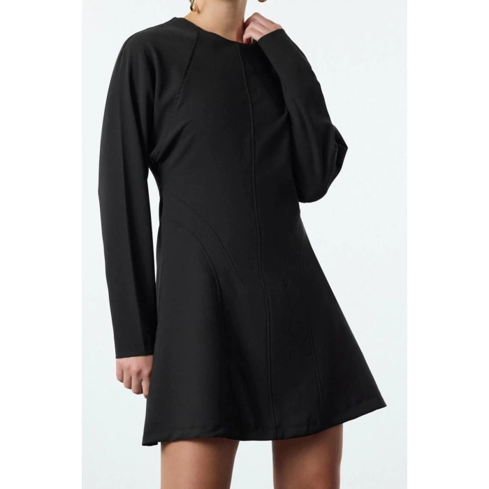 Womens Fashion Stylish Mini Length Crew Neck Regular A Cut Stitch Detailed Woven Dress