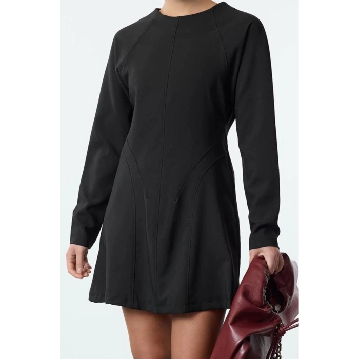 Womens Fashion Stylish Mini Length Crew Neck Regular A Cut Stitch Detailed Woven Dress