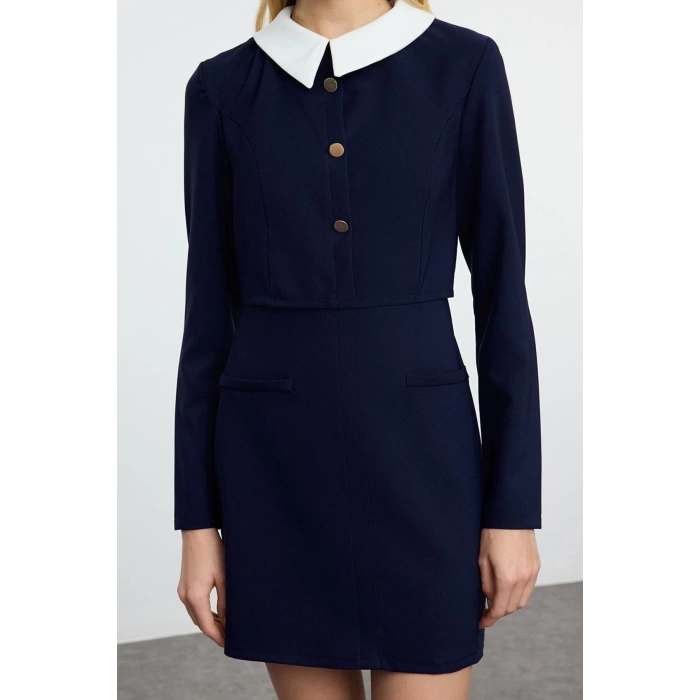 Kadın Moda Şık Mini Boy Gömlek Yaka Regular Vücudu Saran Düğme Detaylı Dokuma Elbise