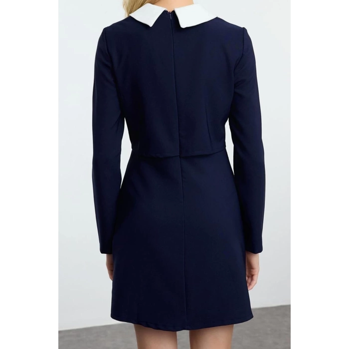 Kadın Moda Şık Mini Boy Gömlek Yaka Regular Vücudu Saran Düğme Detaylı Dokuma Elbise