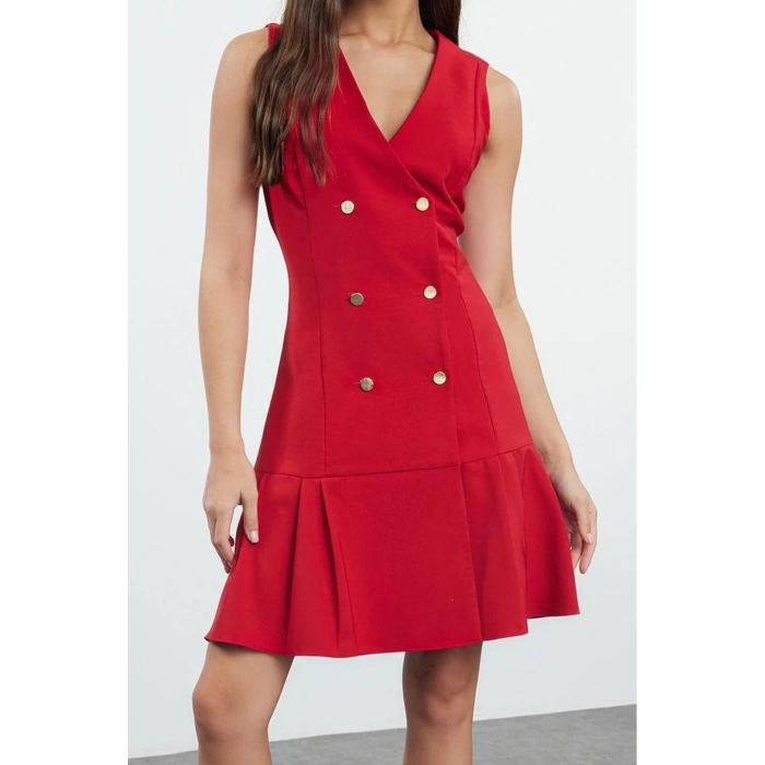 Women Fashion Stylish Mini Length Jacket Collar Regular Pleated Detailed Woven Jacket Dress