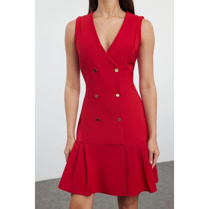 Women Fashion Stylish Mini Length Jacket Collar Regular Pleated Detailed Woven Jacket Dress