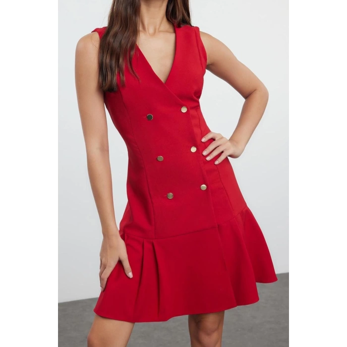 Women Fashion Stylish Mini Length Jacket Collar Regular Pleated Detailed Woven Jacket Dress
