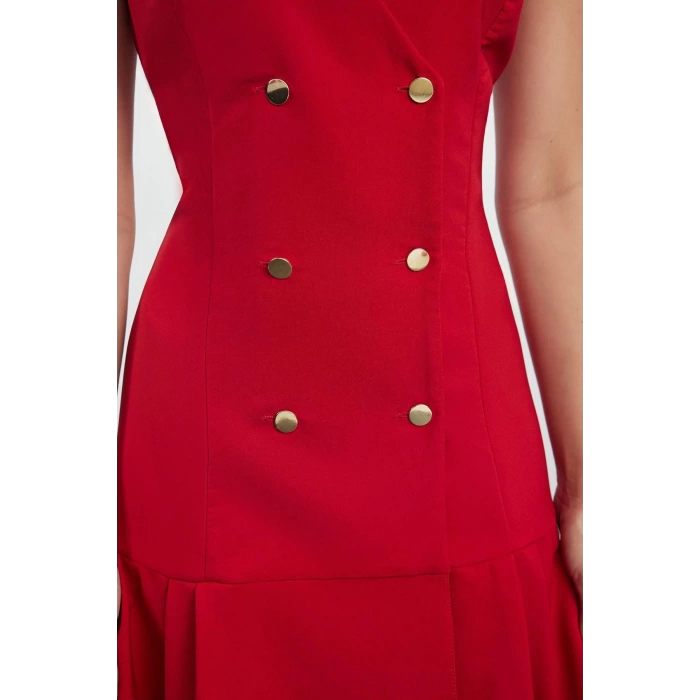 Women Fashion Stylish Mini Length Jacket Collar Regular Pleated Detailed Woven Jacket Dress