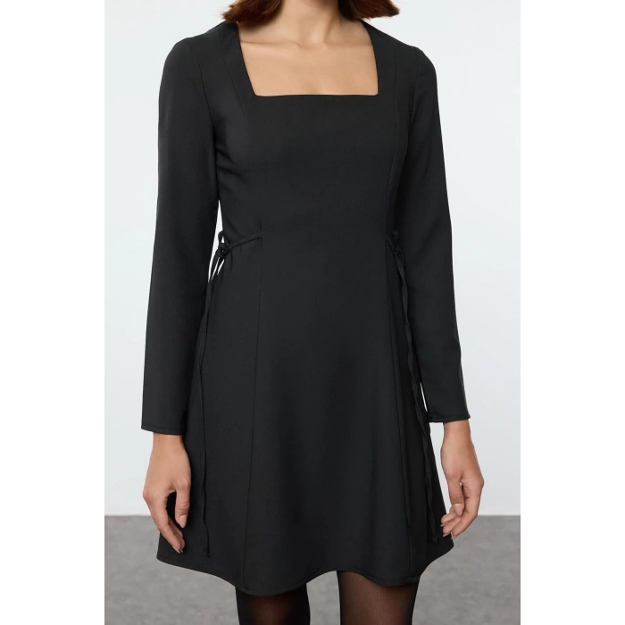 Women Fashion Stylish Mini Length Square Neck Regular Waist Open Bow Detailed Woven Dress