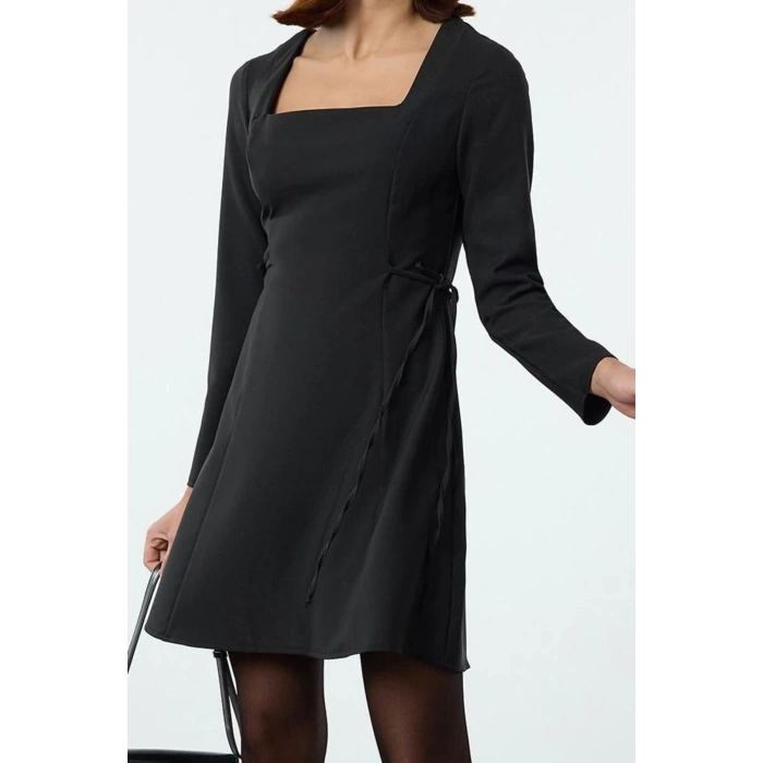 Women Fashion Stylish Mini Length Square Neck Regular Waist Open Bow Detailed Woven Dress