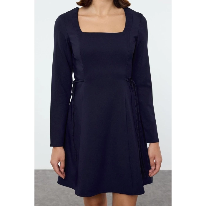 Women Fashion Stylish Mini Length Square Neck Regular Waist Open Bow Detailed Woven Dress