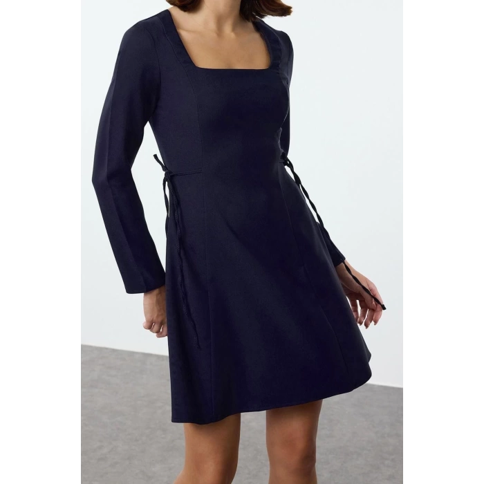 Women Fashion Stylish Mini Length Square Neck Regular Waist Open Bow Detailed Woven Dress