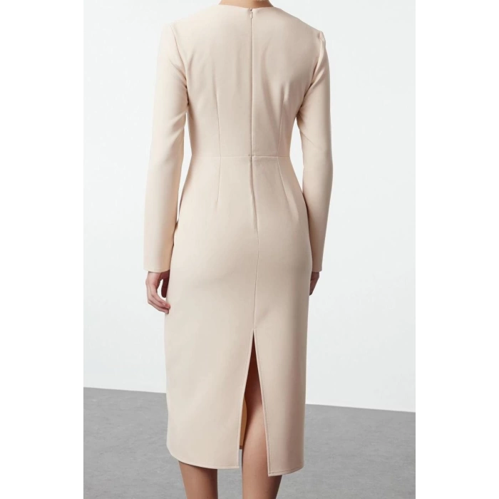 Womens Fashion Stylish Midi Length V Neck Regular Body-hugging Zipper Detailed Woven Dress