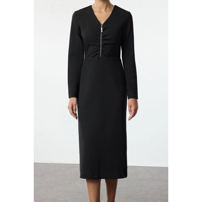 Womens Fashion Stylish Midi Length V Neck Regular Body-hugging Zipper Detailed Woven Dress