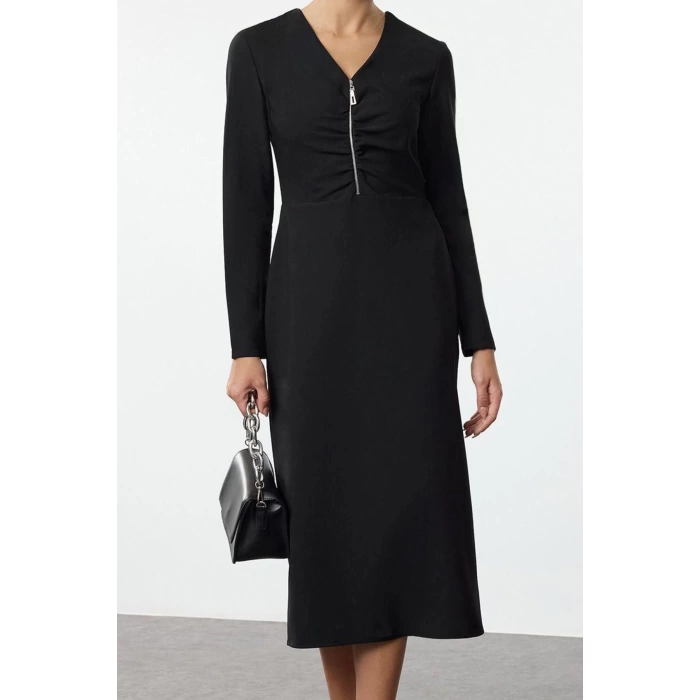 Womens Fashion Stylish Midi Length V Neck Regular Body-hugging Zipper Detailed Woven Dress