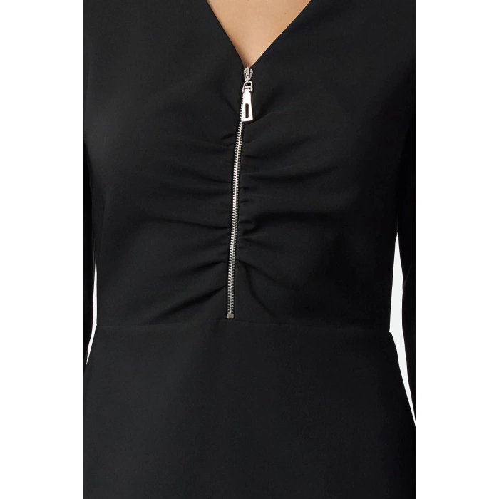 Womens Fashion Stylish Midi Length V Neck Regular Body-hugging Zipper Detailed Woven Dress