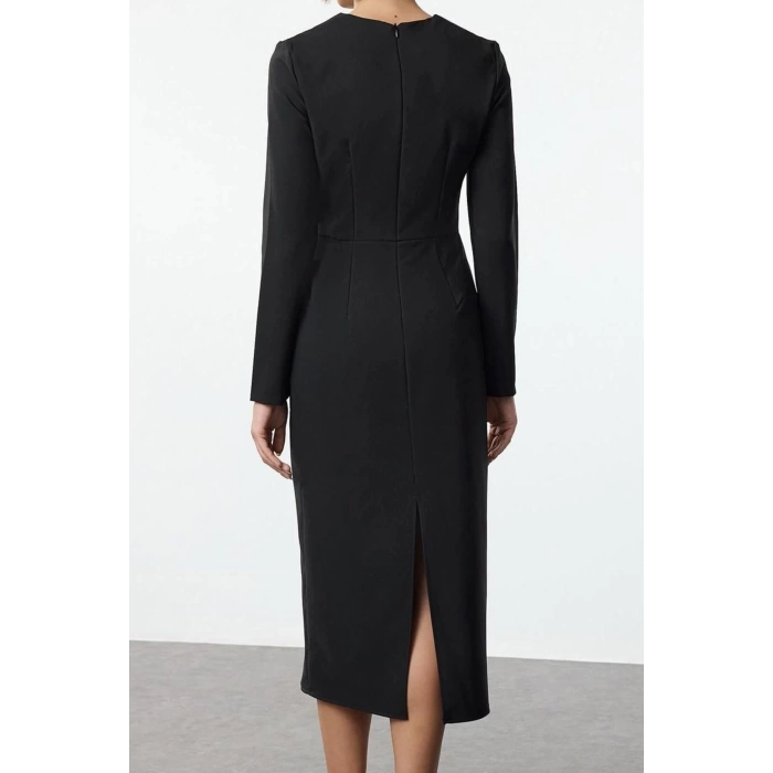 Womens Fashion Stylish Midi Length V Neck Regular Body-hugging Zipper Detailed Woven Dress