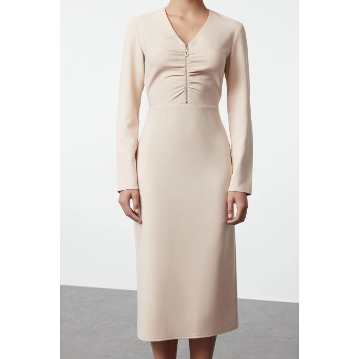 Womens Fashion Stylish Midi Length V Neck Regular Body-hugging Zipper Detailed Woven Dress
