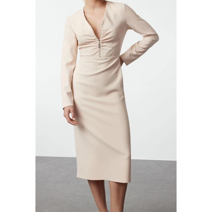 Womens Fashion Stylish Midi Length V Neck Regular Body-hugging Zipper Detailed Woven Dress