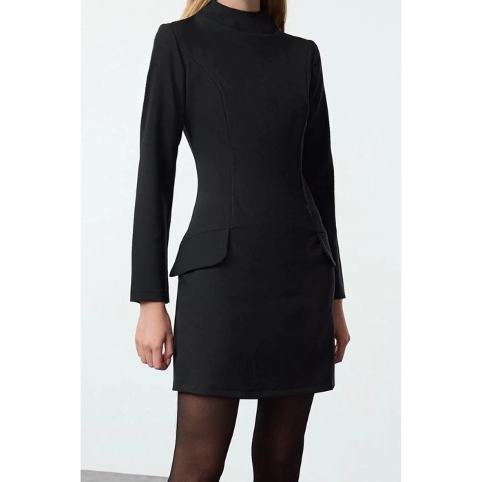 Women Fashion Stylish Mini Length Stand Collar Regular A Cut Pocket Detailed Woven Dress