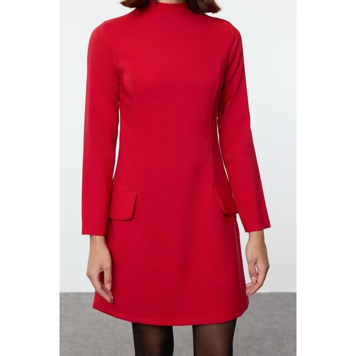 Women Fashion Stylish Mini Length Stand Collar Regular A Cut Pocket Detailed Woven Dress