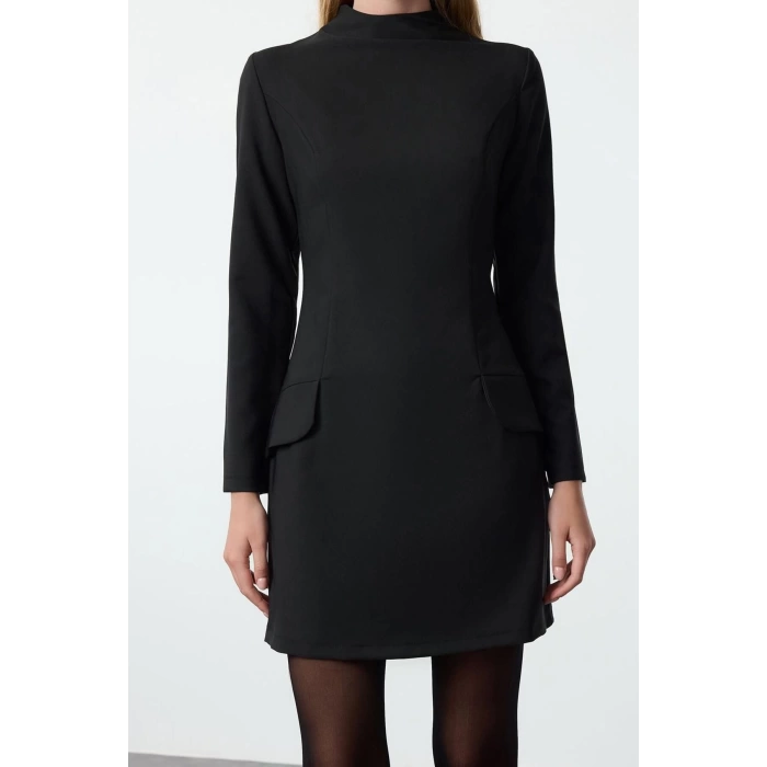 Women Fashion Stylish Mini Length Stand Collar Regular A Cut Pocket Detailed Woven Dress