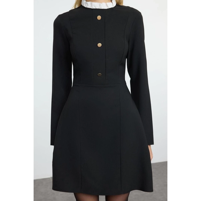 Women Fashion Stylish Mini Length Stand Collar Regular A Cut Button Detailed Woven Dress