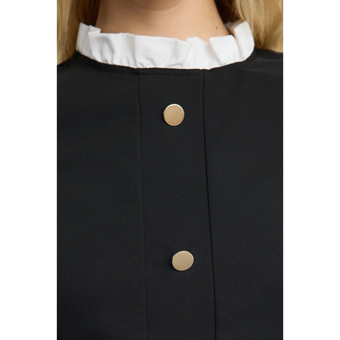 Women Fashion Stylish Mini Length Stand Collar Regular A Cut Button Detailed Woven Dress